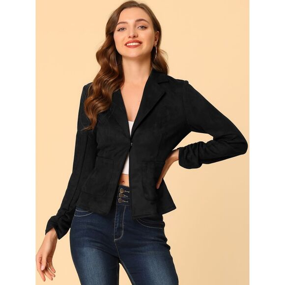 Long Sleeve Open Front Drawstring Faux Suede Blazer Black - Picture 2 of 6